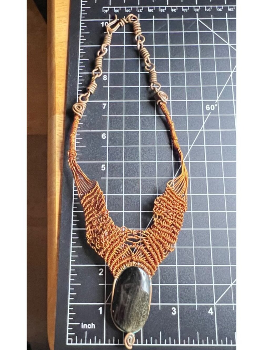 Handmade Copper Wire Wrapped Silver Sheen Obsidian Necklace Boho Statement - Picture 6 of 11